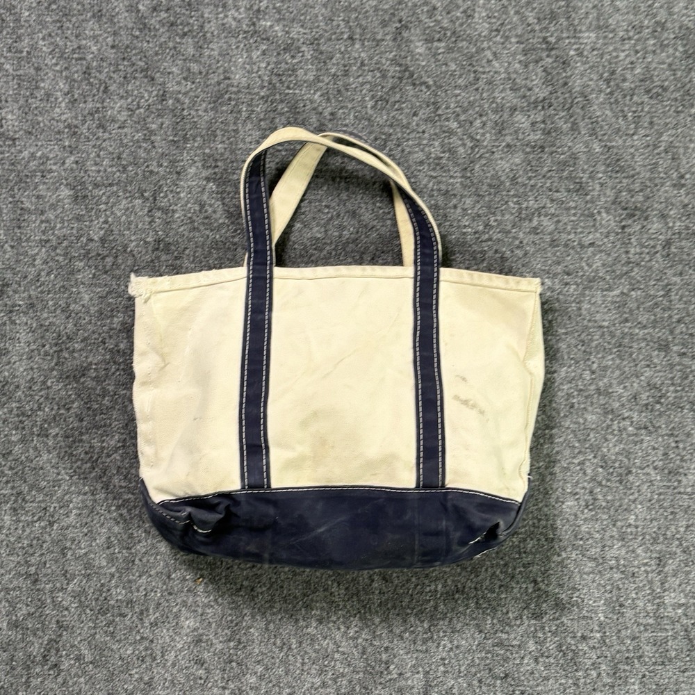 Vintage LL Bean Boat & Tote Bag Small Canvas White Blue Straps Distressed USA